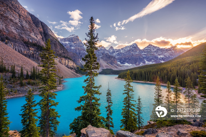 Autumn Sunset at Lake Moraine in Banff National Park 