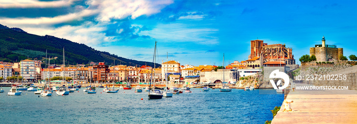 Coastal towns of Spain.Castro Urdiales.Cantabria.Fishing village and Boat dock. Scenic seascape.tour