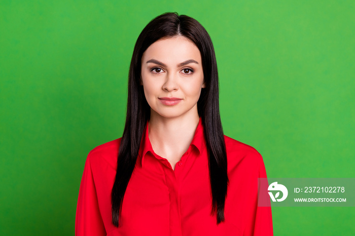 Photo of nice brunette millennial lady wear red shirt isolated on green color background