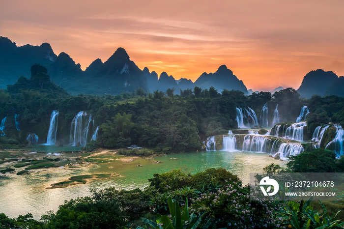 Detian Falls in Guangxi, China and Banyue Falls in Vietnam..