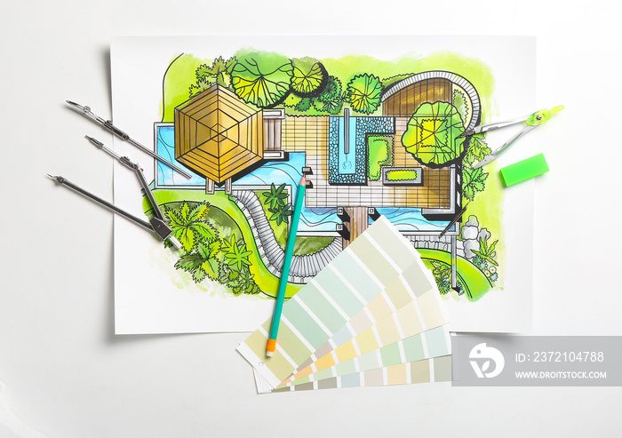 Plan of landscape designer with stationery and paint palettes on white background