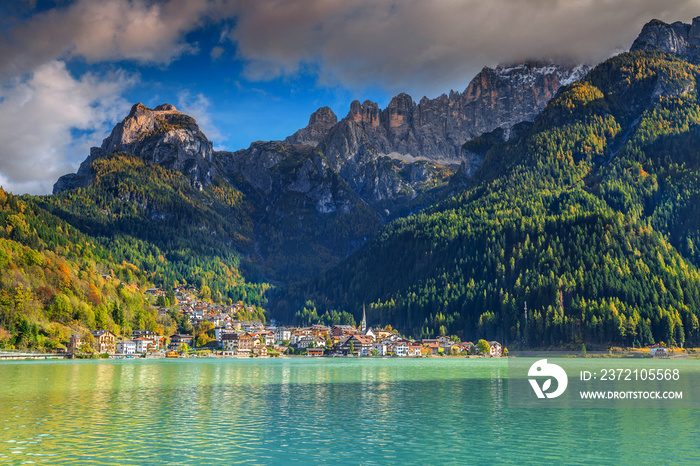 Amazing alpine village and lake in Dolomites mountains, Alleghe, Italy