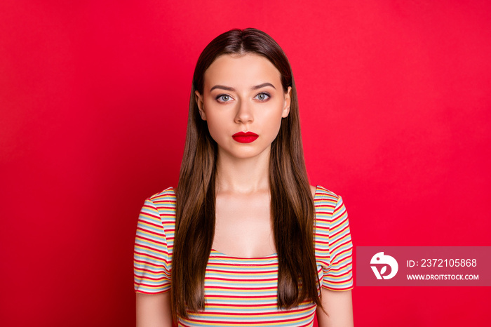 Closeup photo of pretty not smiling lady wear casual outfit isolated burgundy background