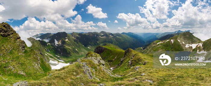 panorama of Fagaras mountain ridge in summer. beautiful view in to the valley of beautiful landscape