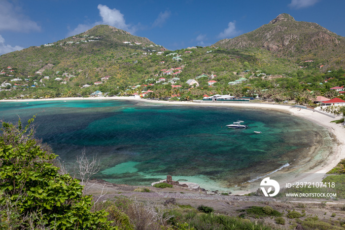 HIgh viewpoint of a beautiful Caribbean beach on the island of St Barts