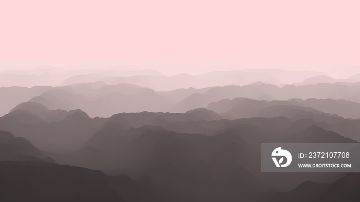 Aerial view of foggy mountains from Birds eye, Flight over mountains, 3d render