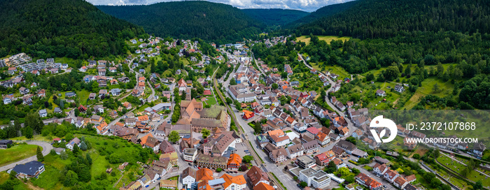 Aerial view around the city Alpirsbach in Germany. On sunny day in spring