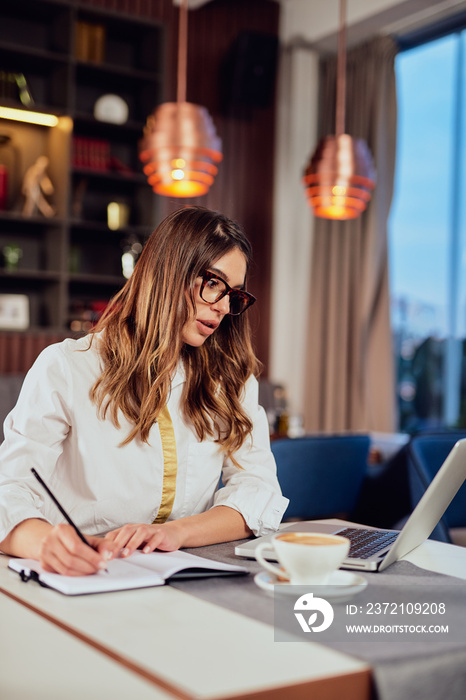 Young beautiful serious Caucasian brunette sitting at cafe and writing in agenda tasks. Remote busin