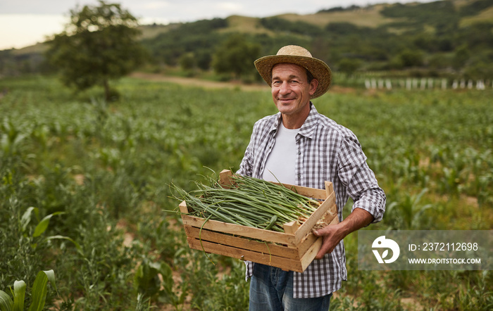 Mature gardener with box of onions