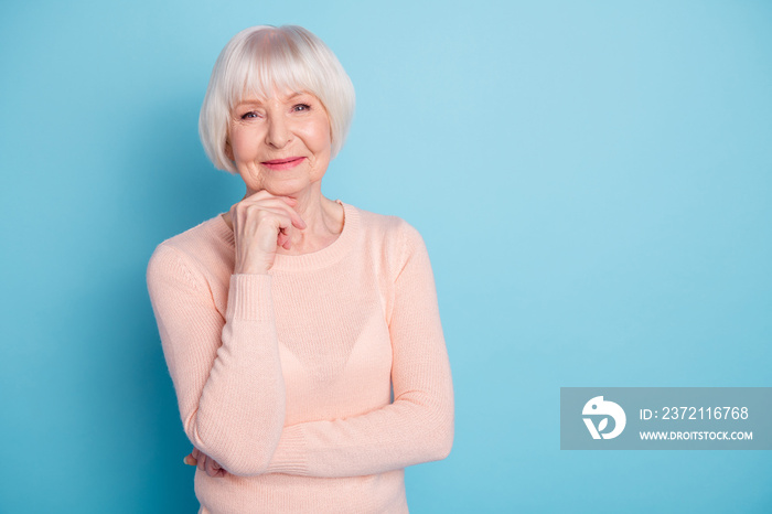 Portrait of her she nice-looking attractive lovely kind peaceful well-groomed cheery gray-haired lad