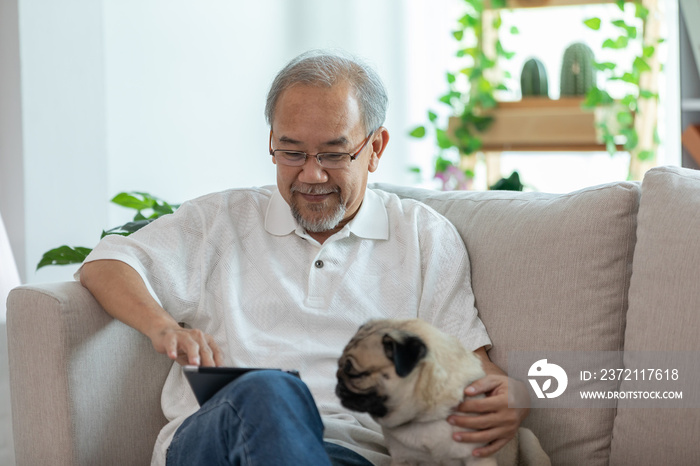 幸福的亚洲老人坐在沙发上，使用电脑平板电脑，与哈巴狗微笑