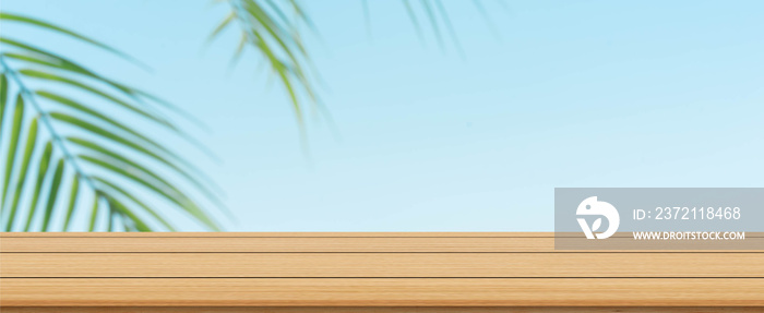 阳光明媚的天气里，抽象模糊的热带椰子叶与白色老化的木板餐桌背景