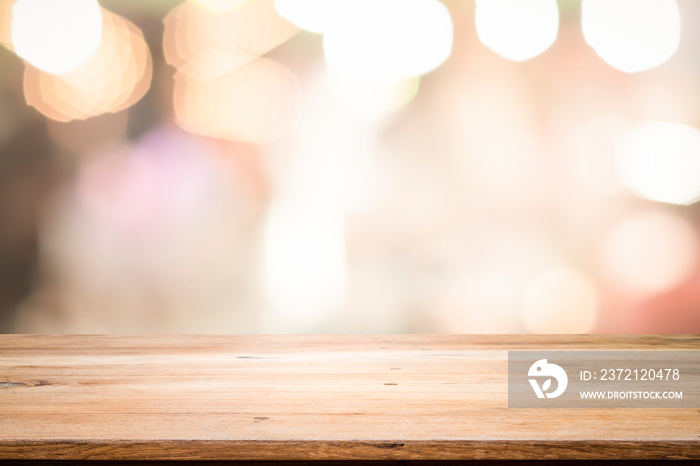 Empty wooden table platform and bokeh at night