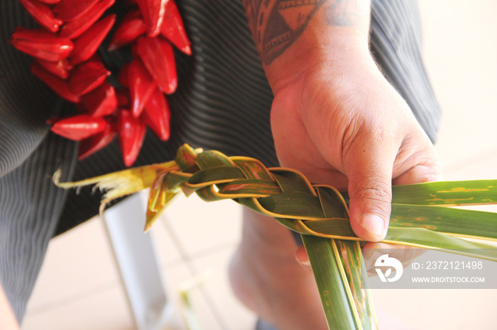 Weaving a headband by using the local palm trees. Its part of the cultural program in Samoan Cultura