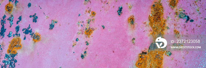 pink and blue grunge and rusty painted metal texture of a junk car body, panoramic web banner