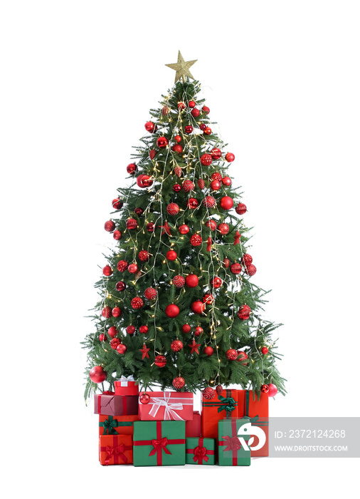 Beautiful decorated Christmas tree with gift boxes isolated on white background