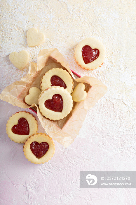 Heart shaped vanilla cookies with jam filling