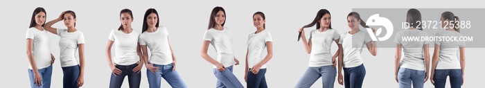 Mockup of white сouple T-shirts on girls in jeans, isolated on background.