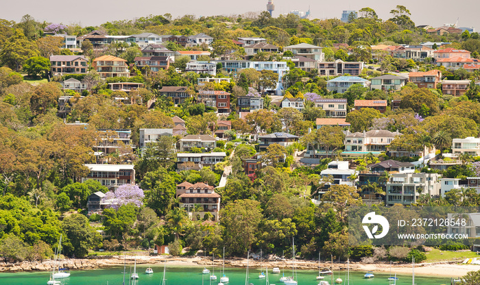 Panoramic aerial view of Manly Beach skyline on a sunny day, Australia