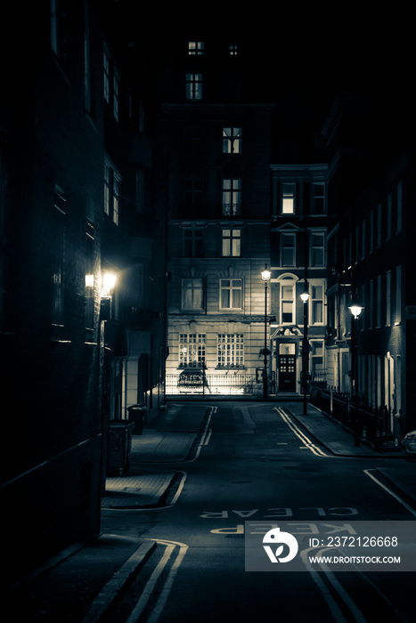 Empty posh street at night, W1, City of Westminster, London, UK