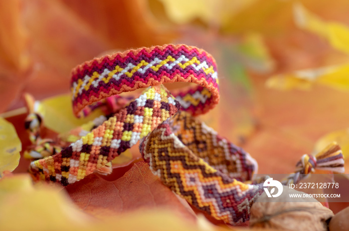 Autumn still life, group of handmade homemade colorful natural woven bracelets of friendship on dry 