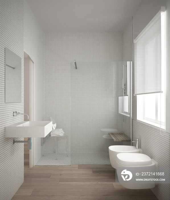 Modern minimalist bathroom with parquet oak wood floor and white mosaic tiles, window and walk-in sh