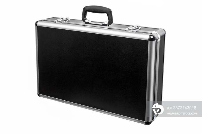 Black padded aluminum briefcase case with metal corners isolated on white