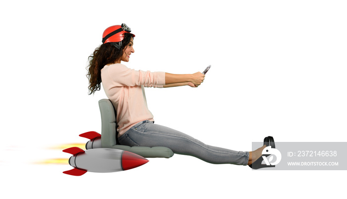 Woman drives fast with rockets under the chair. concept of having the turbo