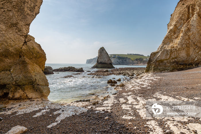Low tide at rocky Freshwater Bay on the Isle of Wight, on a sunny spring day