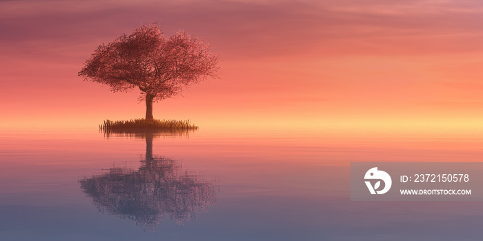 illustration of a tree and sunset