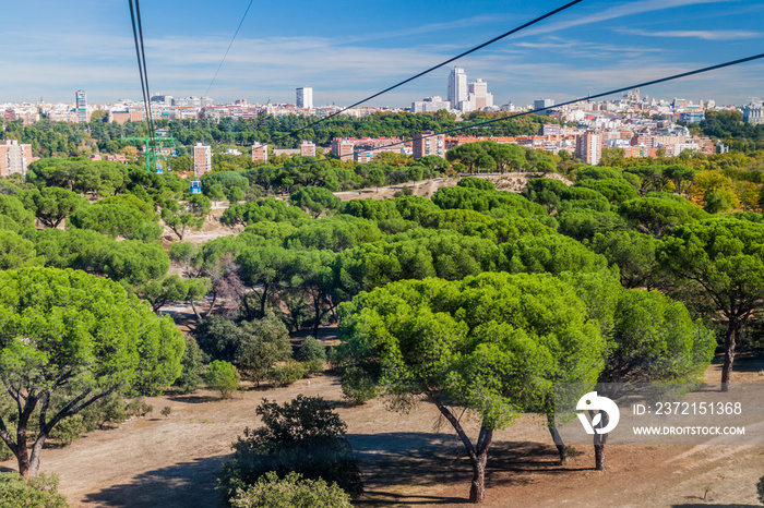 Casa de Campo park in Madrid viewed from Madrid Cable Car, Spain