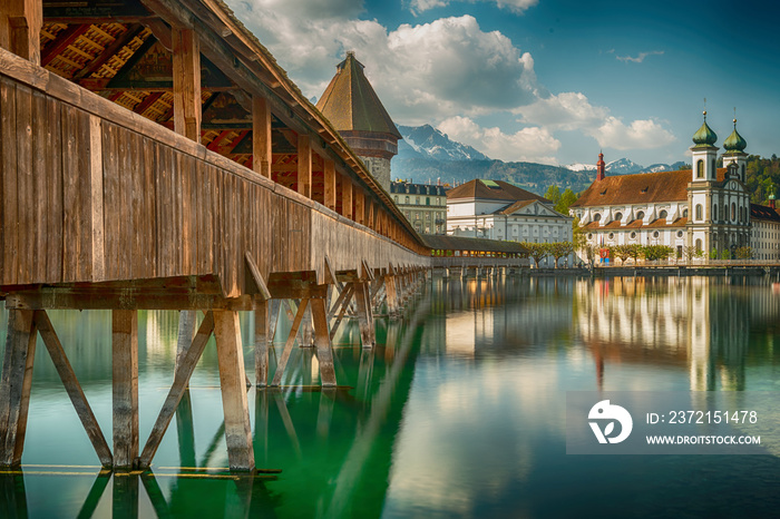 Historic city center of Lucerne with famous Chapel Bridge and lake Lucerne (Vierwaldstattersee), Can