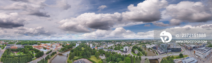 Panoramic sunset aerial view of Tartu skyline, Estonia