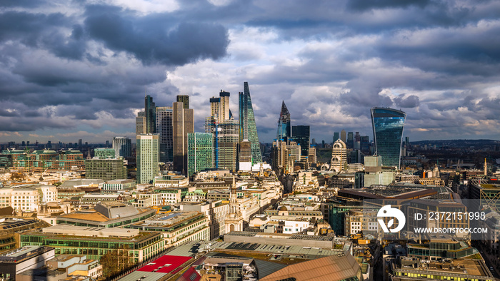 London, England - Panoramic skyline view of Bank and Canary Wharf, central Londons leading financia