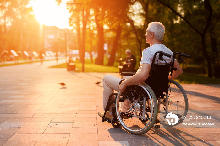 An old man is sitting in a wheelchair and watching the sunset in the park