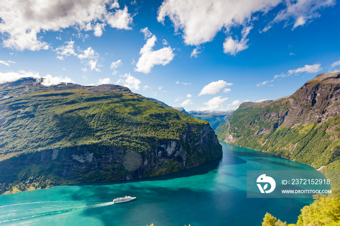 Fjord Geirangerfjord with cruise ship, Norway.