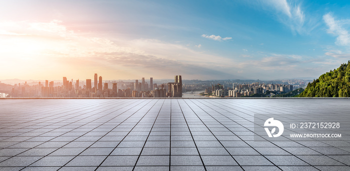 Empty floor with modern city skyline and buildings