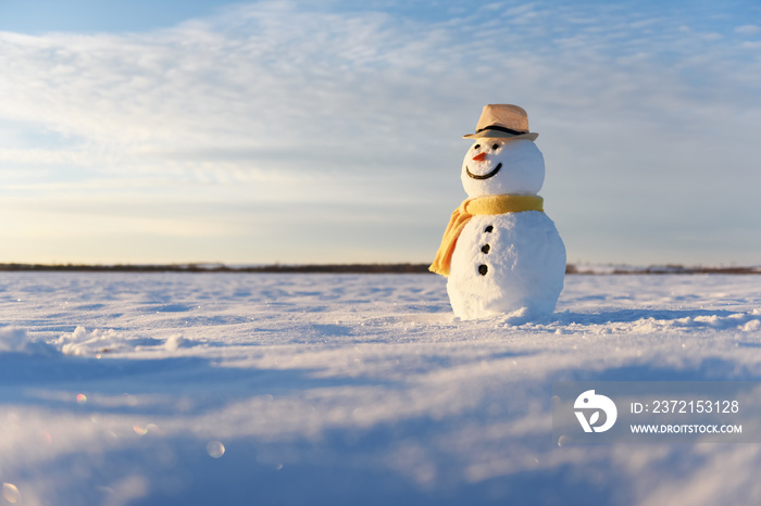 雪地上戴着时髦帽子、长着黄色鳞片的有趣雪人。圣诞快乐，新年快乐！