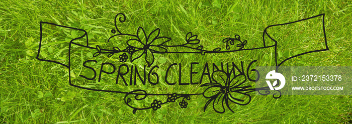 英国书法和插图春季大扫除。绿草草地或草地。俯视图