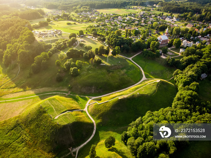Aerial view of Kernave Archaeological site, a medieval capital of the Grand Duchy of Lithuania, tour