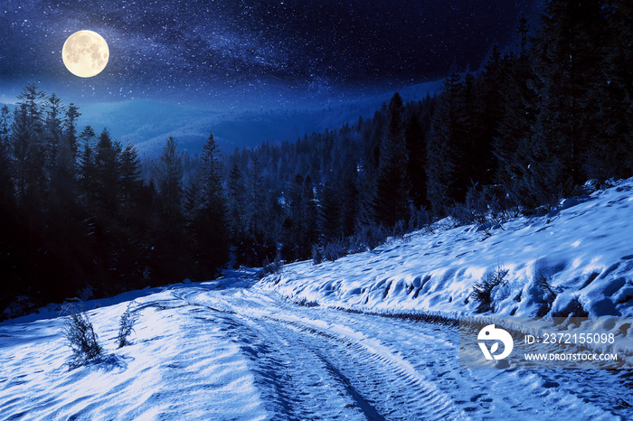 carpathian countryside on a winter night. beautiful mountainous rural landscape in full moon light. 