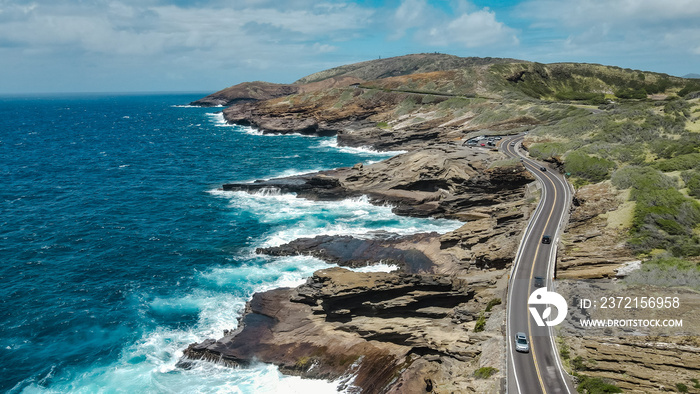 Halona Blowhole Lookout. Lanai Lookout. Aerial photography of coastline. Kalanianaole Hwy, Honolulu,