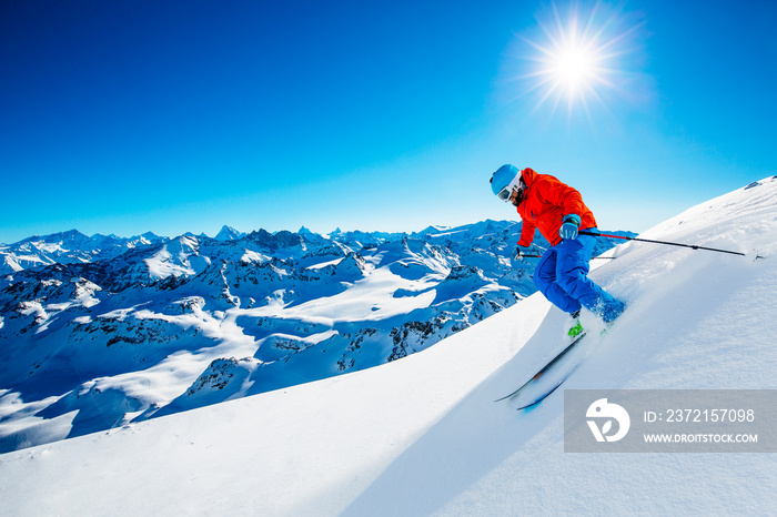 Skiing with amazing view of swiss famous mountains in beautiful winter snow  Mt Fort. The matterhorn