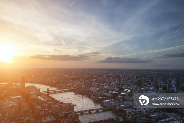 London city aerial view over skyline with dramatic sky and landm