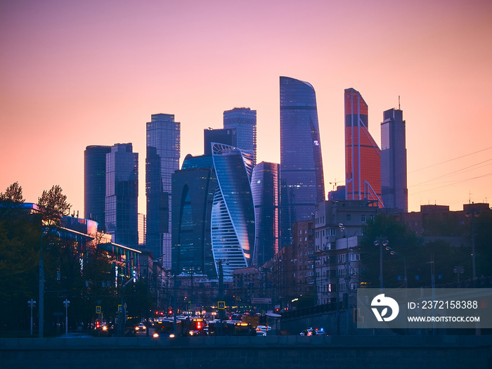 Moscow City International Business Centre and traffic jam in the evening