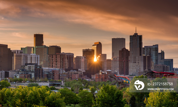 Denver Colorado skyline with sun star reflection