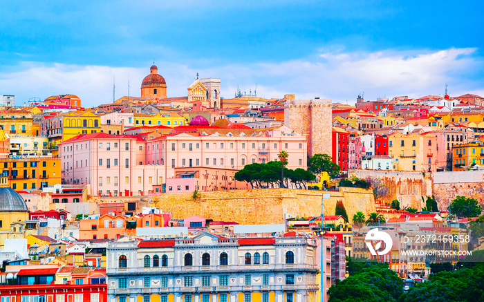 Cityscape of Old Sardenian city of Cagliari, South Sardinia Island in Italy in summer. View on town 