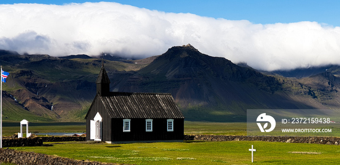 A shot of Búðir black church in Snaefellsnes peninsula in West Iceland. 