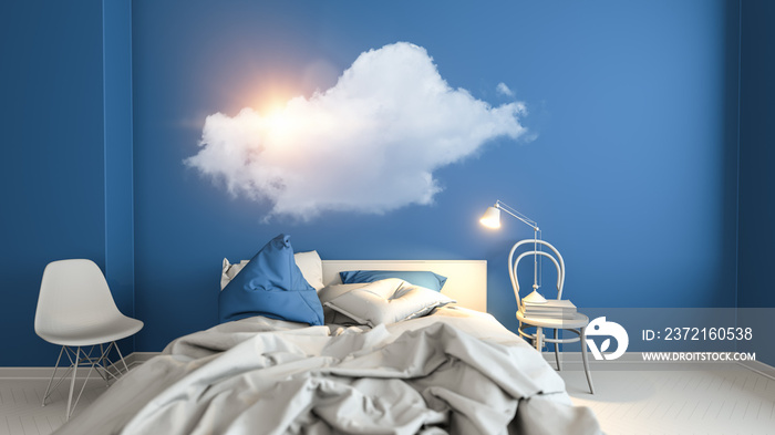 Sonnenaufgang im Schlafzimmer mit Bett vor blauer Wand