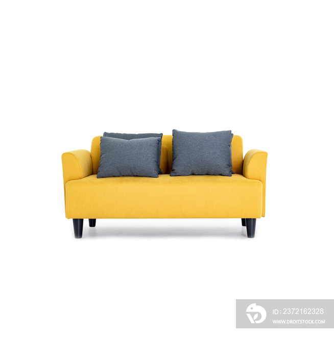 Modern scandinavian yellow sofa interior with black pillows isolated on a white background interior 
